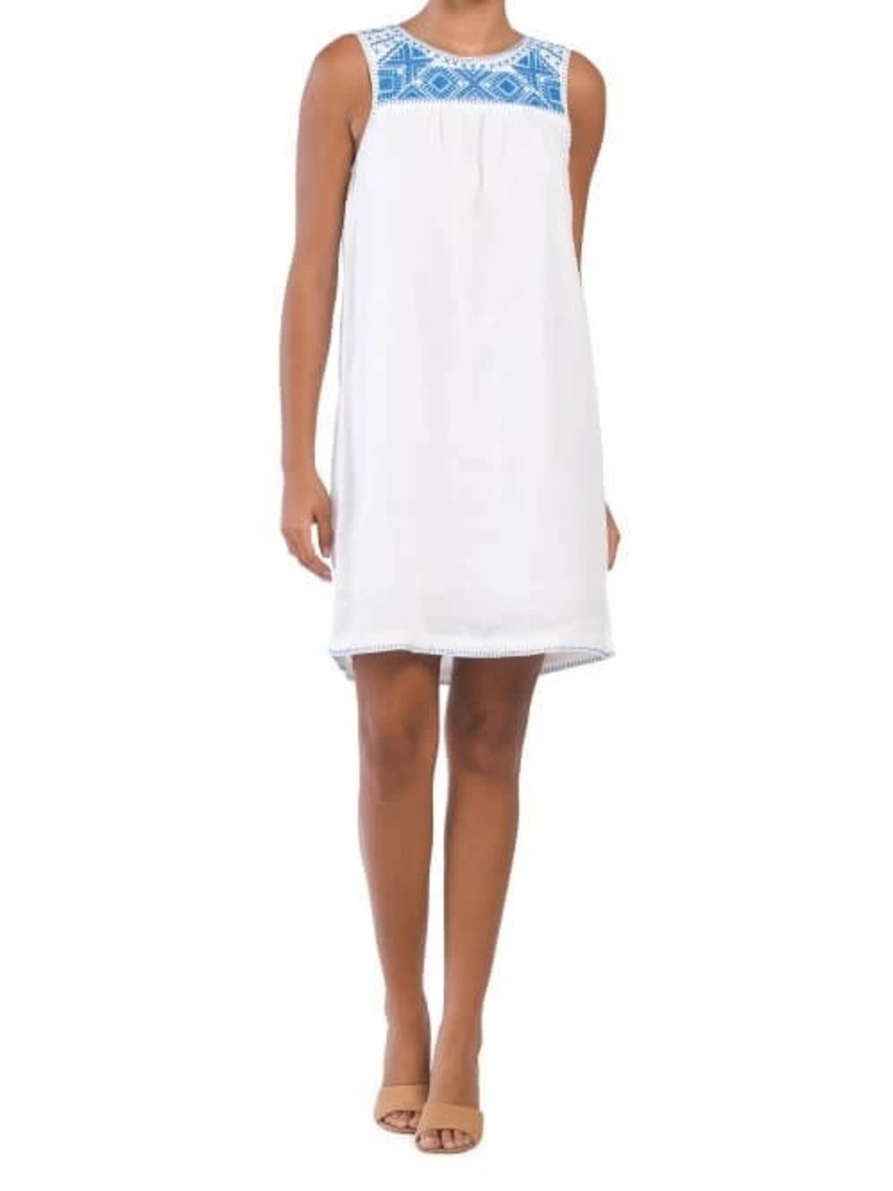 Lucky Brand 100% Cotton Linen White Sleeveless Mini Dress Blue Embroidered Bib